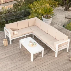 MOBELLIA Salon de jardin d'angle en aluminium 6 places Ostara et taupe Blanc Outlet