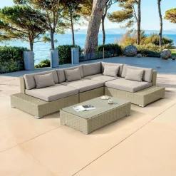 MOBELLIA Salon de jardin d'angle en résine tressée 5 places Palma Gris et taupe Tressé Gris - Taupe Sale