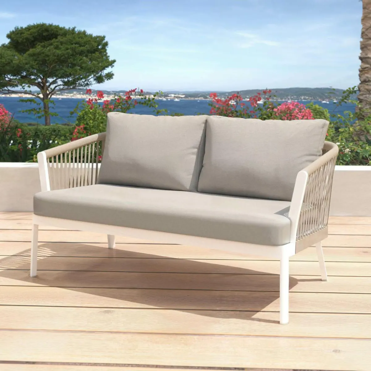 MOBELLIA Salon de jardin en aluminium 7 places 5 pcs Amalfi Blanc et taupe Blanc - Taupe Hot