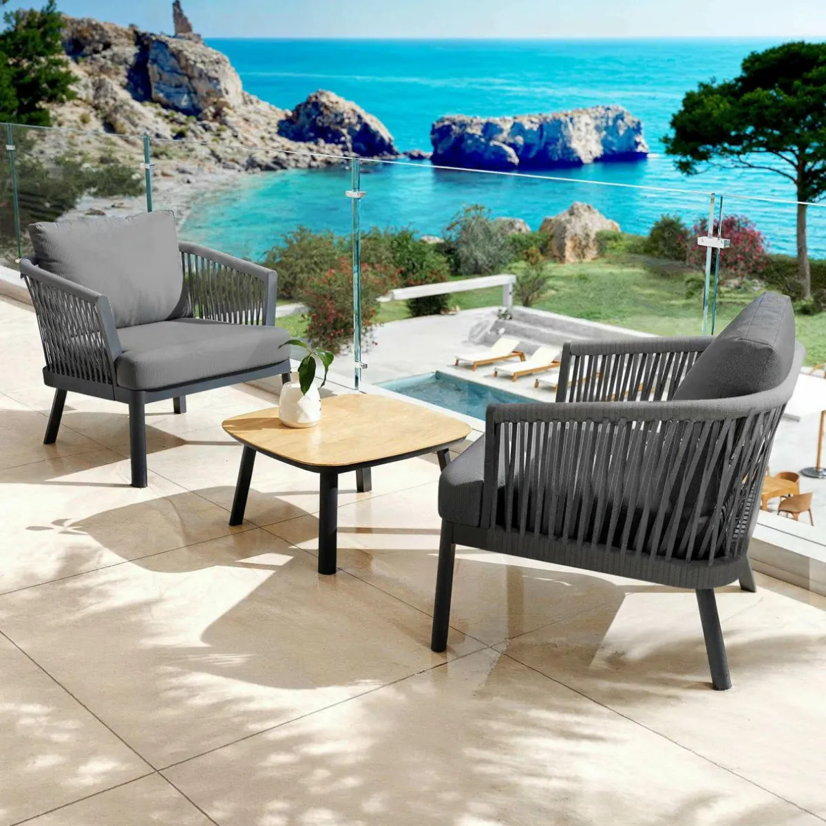 MOBELLIA Salon de jardin en aluminium 2 places 3 pcs Amalfi Gris Anthracite Discount