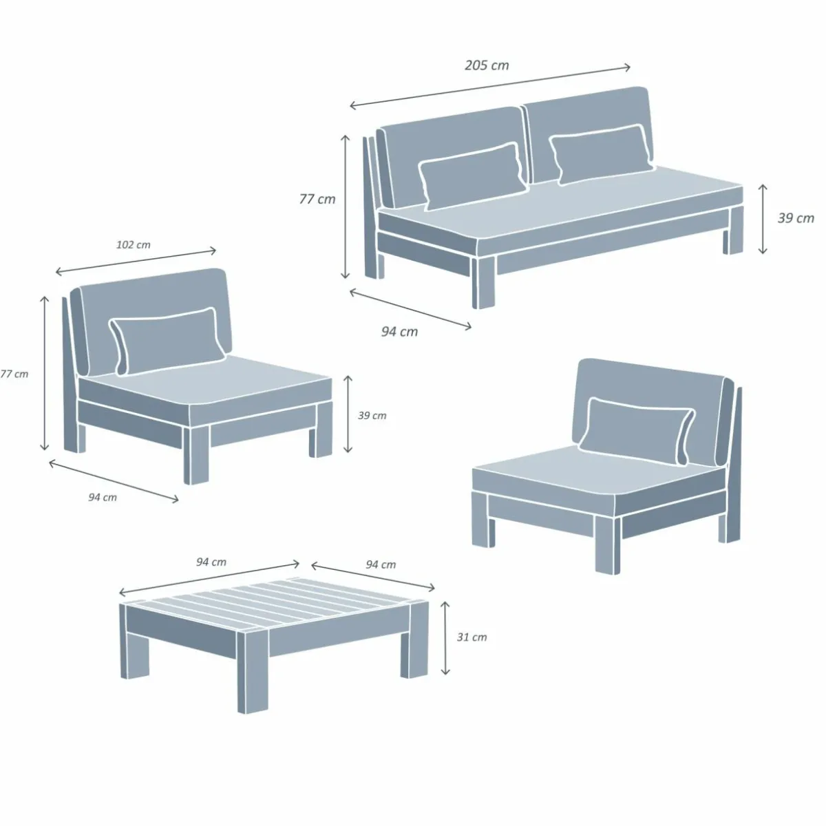 MOBELLIA Salon de jardin en bois d'acacia 5 places 4 pcs Bornéo Gris Anthracite Discount