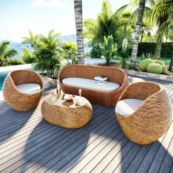 MOBELLIA Salon de jardin en rotin 5 places Trinidad beige Naturel New