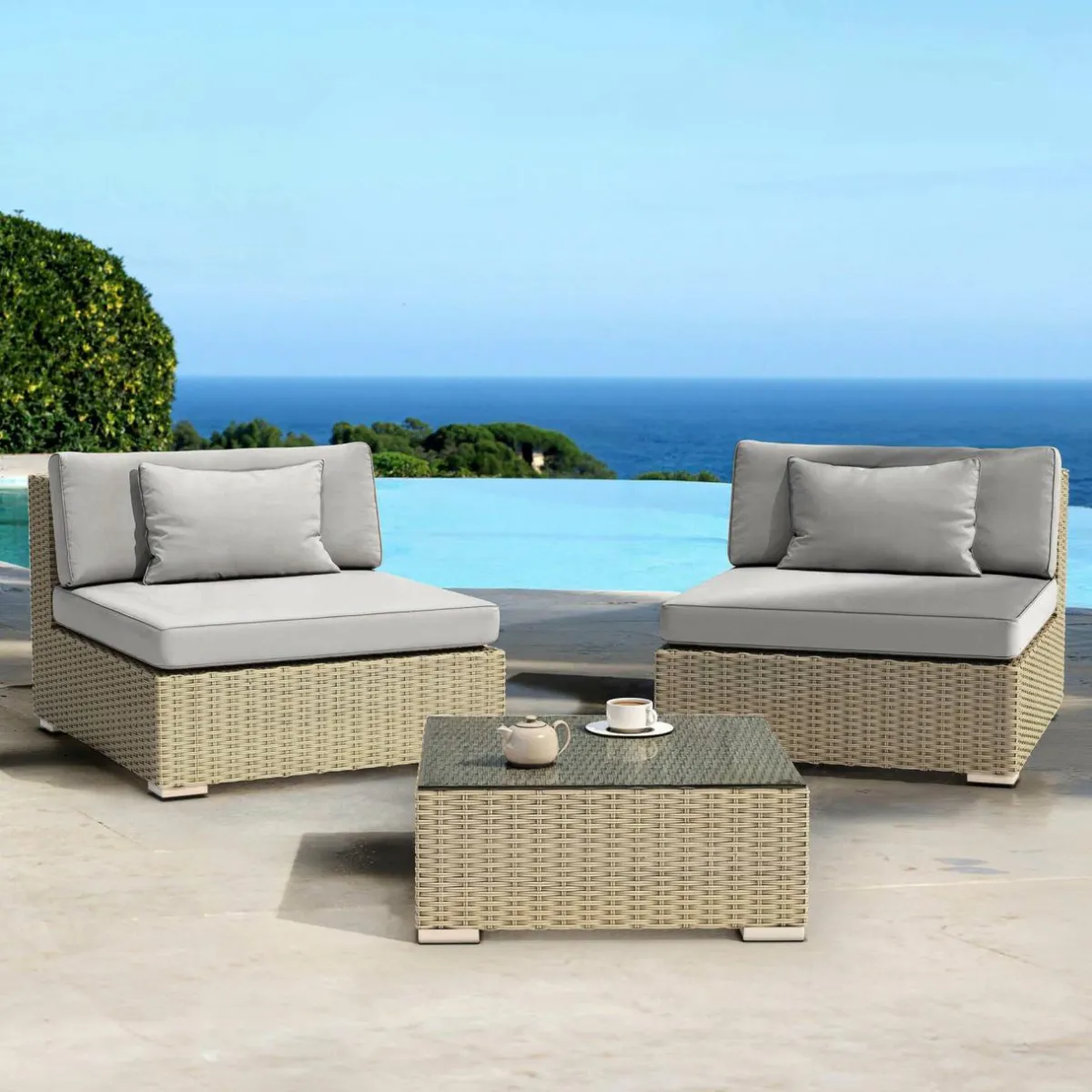 MOBELLIA Salon de jardin en résine tressée 2 places 3 pcs Palma Gris Tresse Gris - Gris Outlet