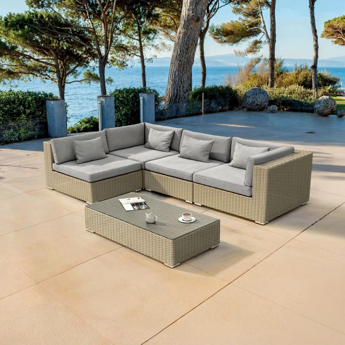 MOBELLIA Salon de jardin en résine tressée 4 places 5 pcs Palma Gris Tresse Gris - Gris Best