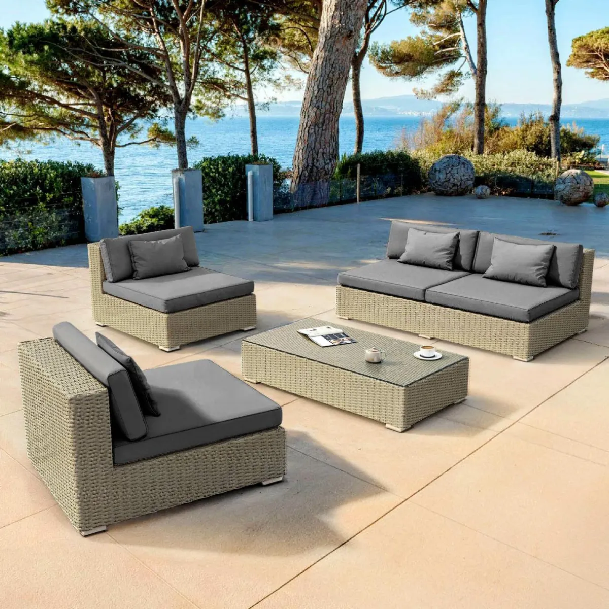 MOBELLIA Salon de jardin en résine tressée 4 places 4 pcs Palma Gris et anthracite Tressé Gris - Anthracite New