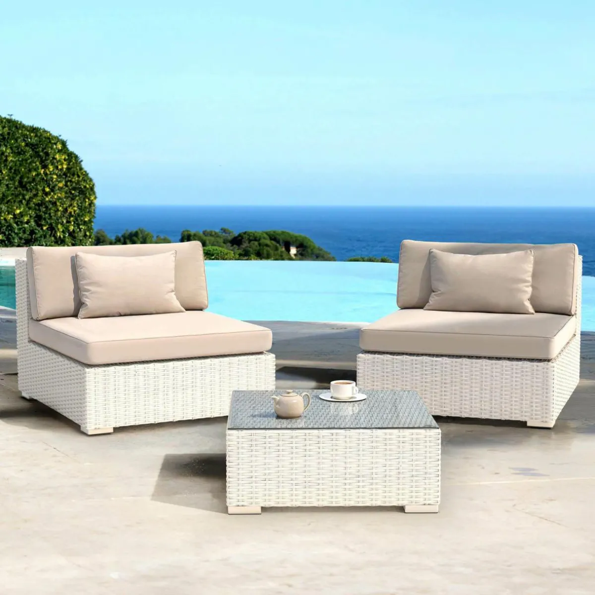 MOBELLIA Salon de jardin en résine tressée 2 places 3 pcs Palma Blanc et taupe Tressé Blanc - Taupe Discount