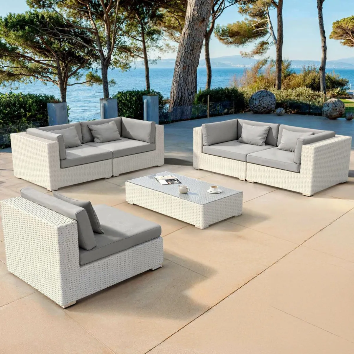 MOBELLIA Salon de jardin en résine tressée 5 places 6 pcs Palma Blanc et gris Tresse Blanc - Gris Clearance
