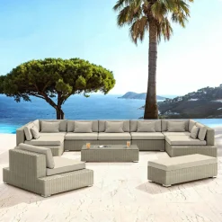 MOBELLIA Salon de jardin en résine tressée 9 places 9 pcs Palma Gris et beige Tresse Gris - Beige Discount