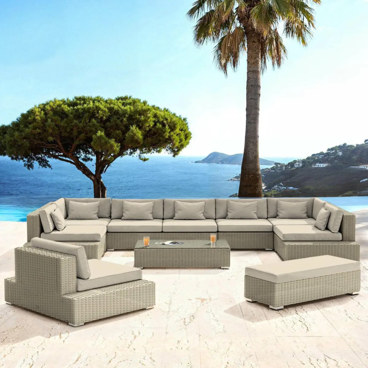 MOBELLIA Salon de jardin en résine tressée 9 places 9 pcs Palma Gris et beige Tresse Gris - Beige Discount