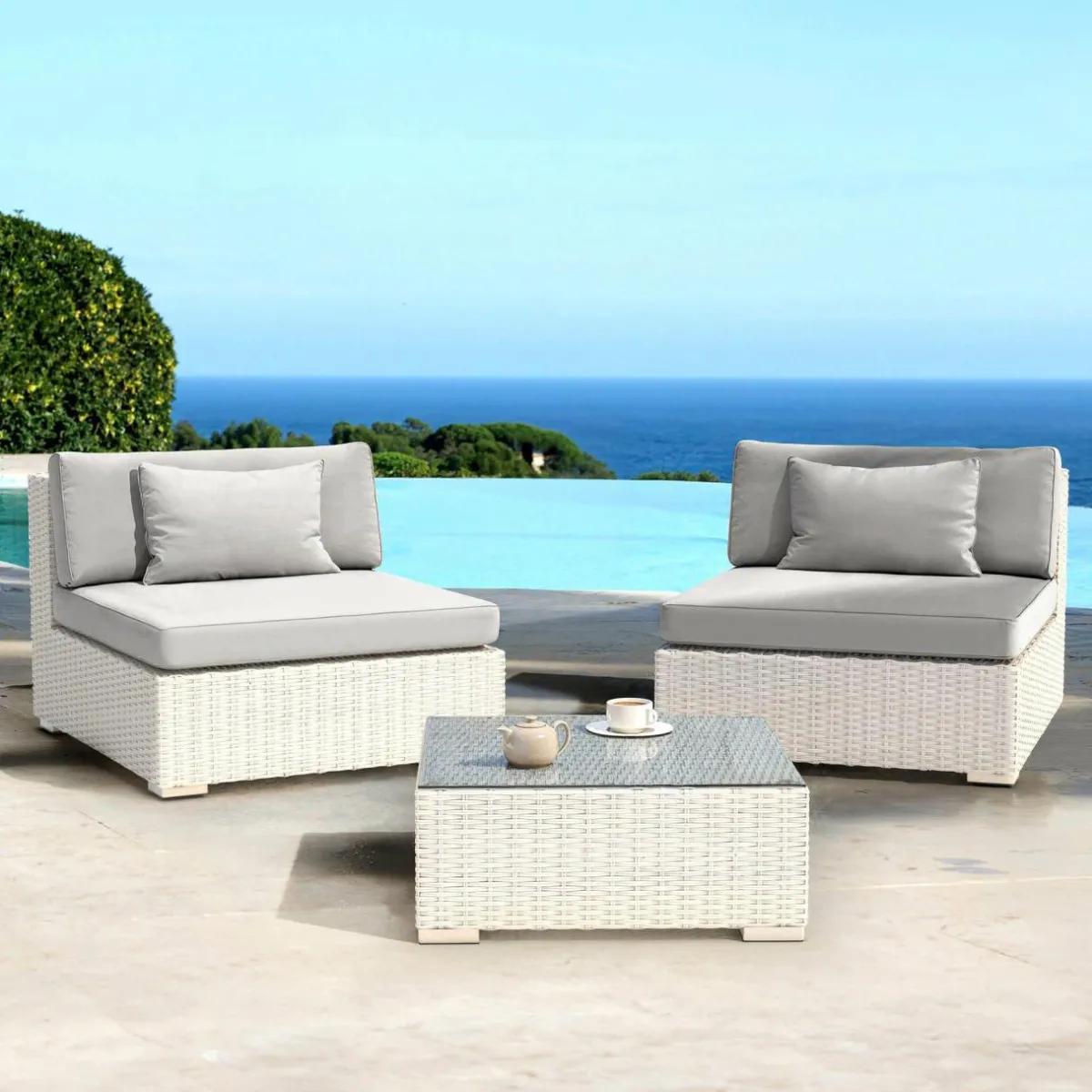 MOBELLIA Salon de jardin en résine tressée 2 places 3 pcs Palma Blanc et gris Tresse Blanc - Gris Sale