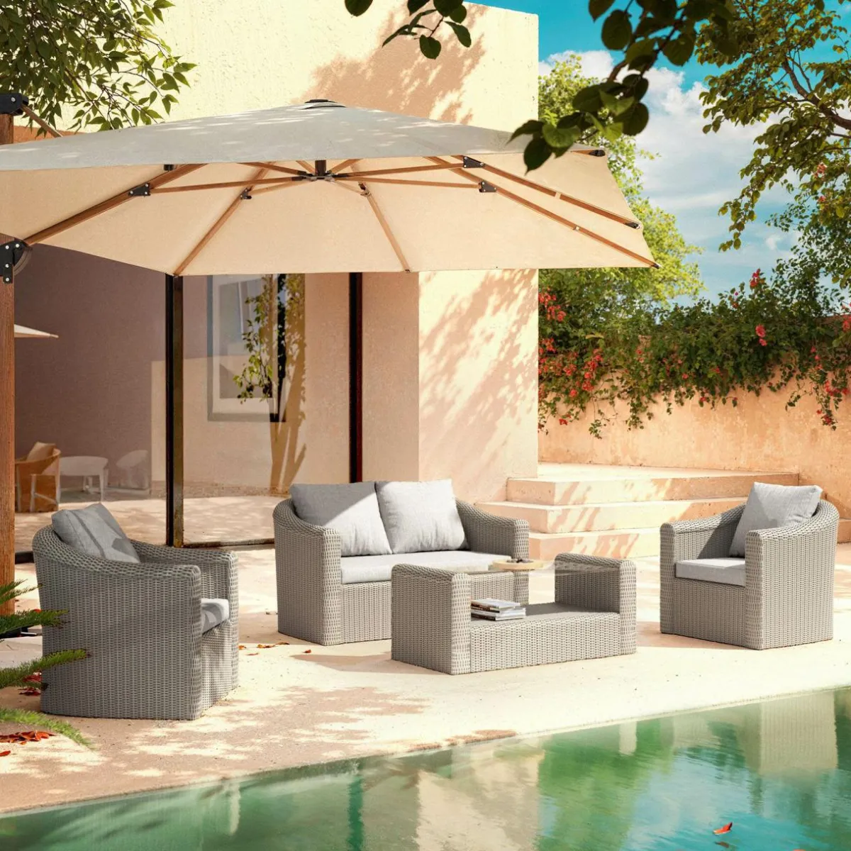MOBELLIA Salon de jardin en résine tressée 4 places 4 pcs Calvi Gris et gris clair Tressé Gris - Gris clair Clearance