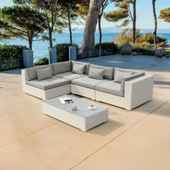 MOBELLIA Salon de jardin en résine tressée 4 places 5 pcs Palma Blanc et gris Tresse Blanc - Gris Discount