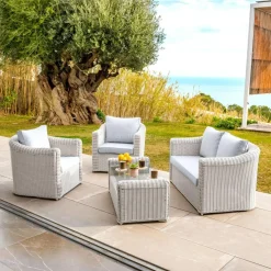 MOBELLIA Salon de jardin en résine tressée 4 places 4 pcs Calvi Blanc et gris clair Tressé Blanc - Gris clair Outlet