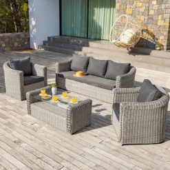 MOBELLIA Salon de jardin en résine tressée 5 places 4 pcs Calvi Gris et gris foncé Tressé Gris - Anthracite New