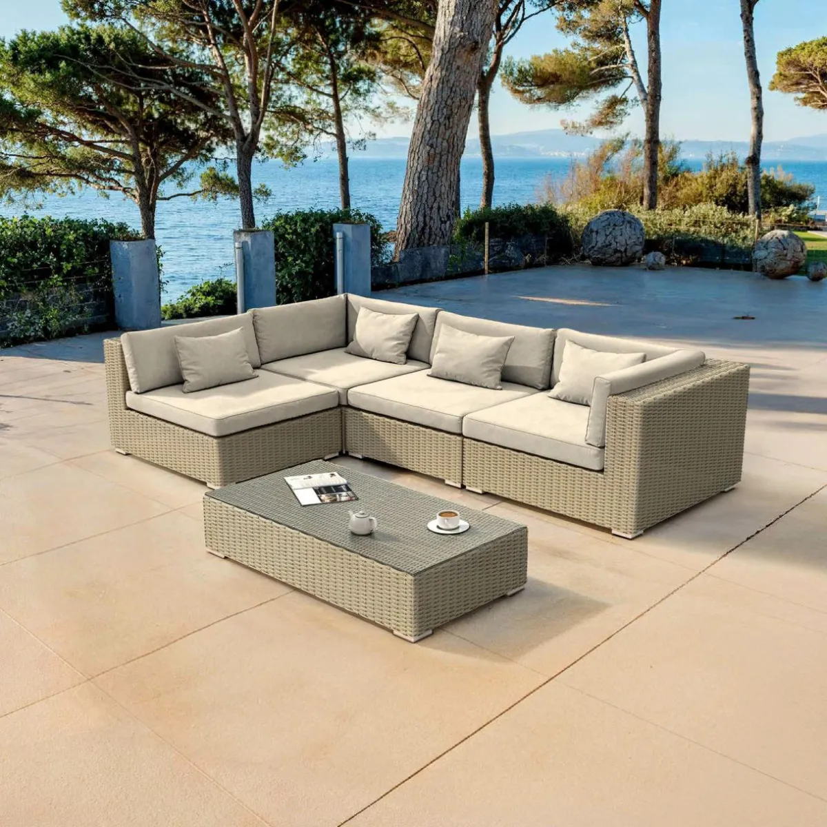 MOBELLIA Salon de jardin en résine tressée 4 places 5 pcs Palma Gris et beige Tresse Gris - Beige Clearance
