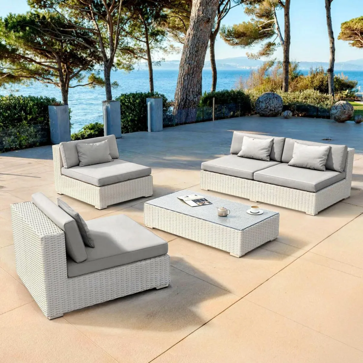 MOBELLIA Salon de jardin en résine tressée 4 places 4 pcs Palma Blanc et gris Tresse Blanc - Gris Outlet