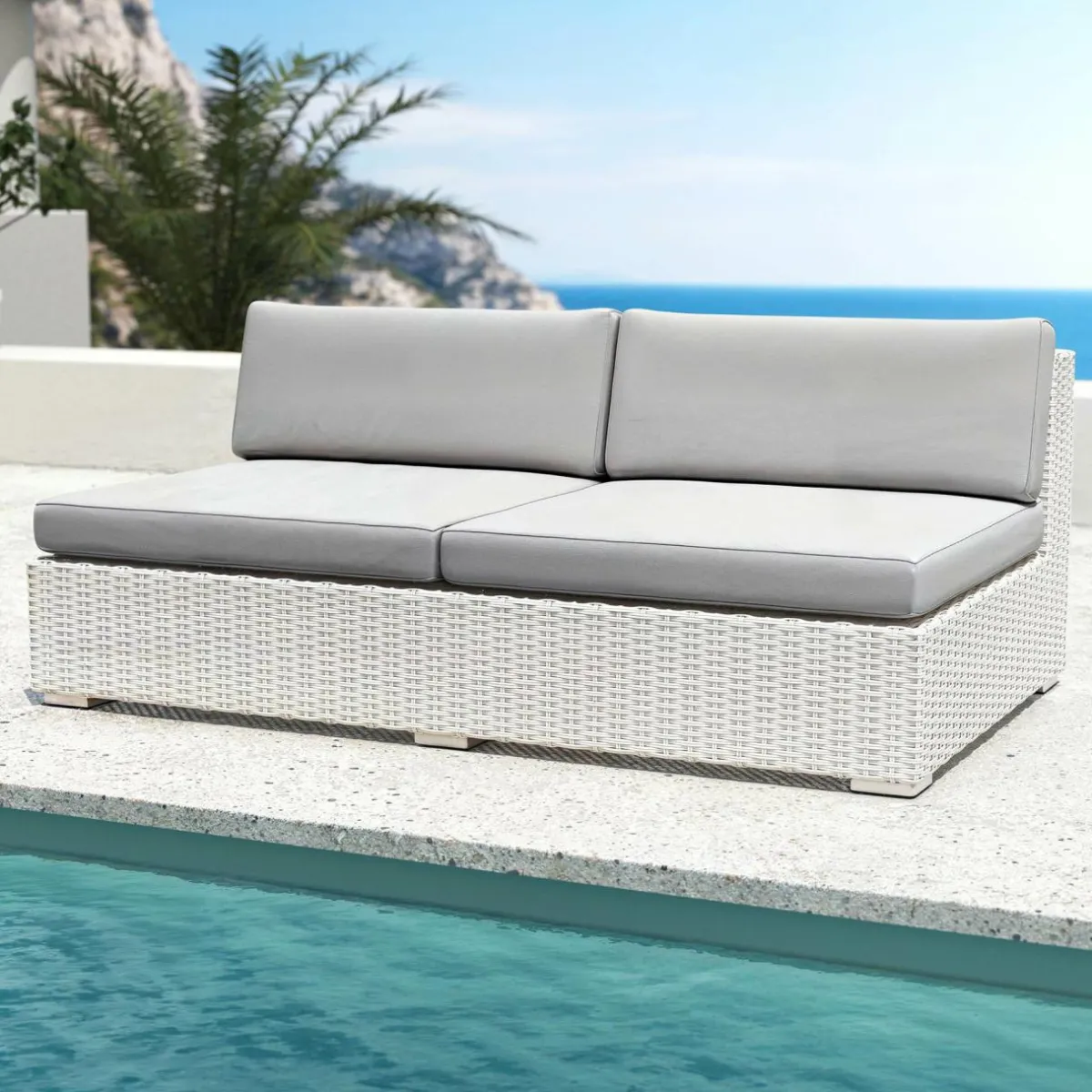 MOBELLIA Salon de jardin en résine tressée 4 places 4 pcs Palma Blanc et gris Tresse Blanc - Gris Outlet