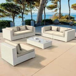 MOBELLIA Salon de jardin en résine tressée 5 places 6 pcs Palma Blanc et beige Tresse Blanc - Beige Online