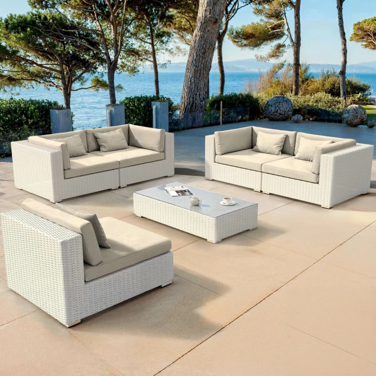 MOBELLIA Salon de jardin en résine tressée 5 places 6 pcs Palma Blanc et beige Tresse Blanc - Beige Online