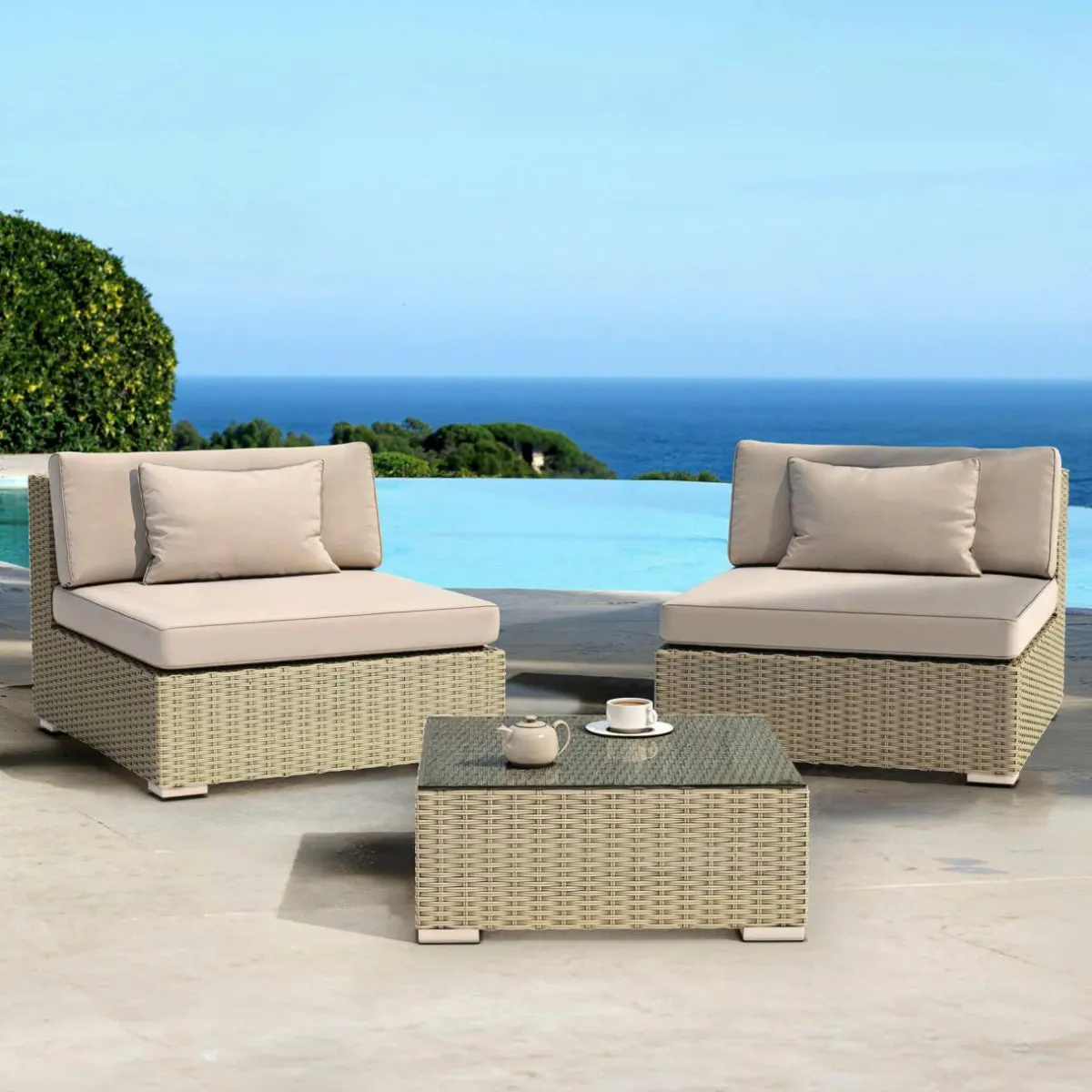 MOBELLIA Salon de jardin en résine tressée 2 places 3 pcs Palma Gris et taupe Tressé Gris - Taupe Online