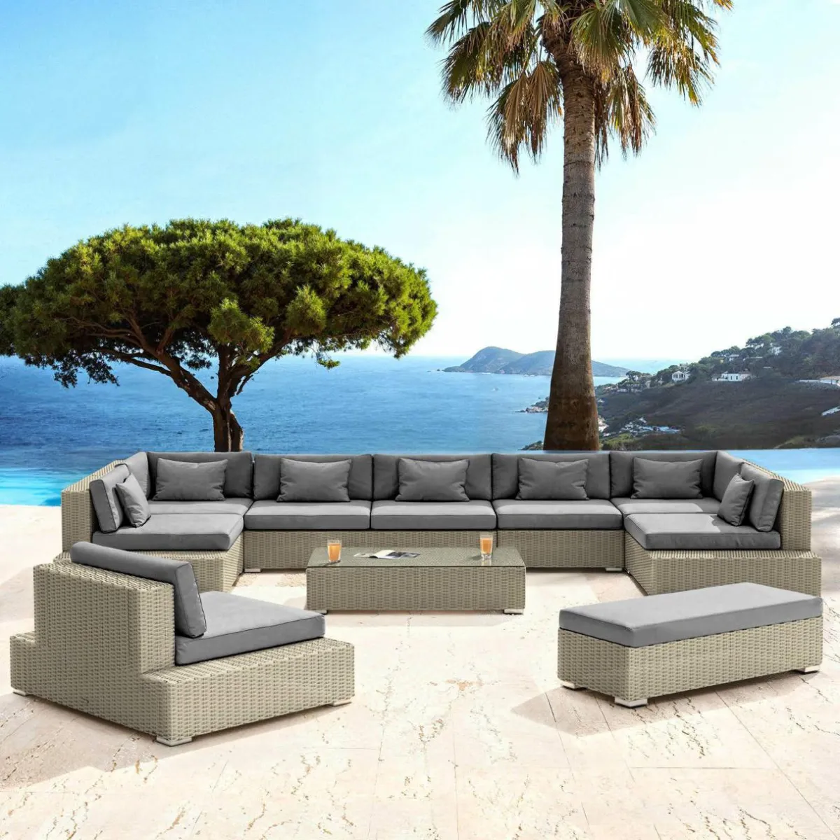 MOBELLIA Salon de jardin en résine tressée 9 places 9 pcs Palma Gris et anthracite Tressé Gris - Anthracite Discount
