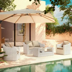 MOBELLIA Salon de jardin en résine tressée 4 places 4 pcs Calvi Blanc et taupe Tressé Blanc - Taupe Discount