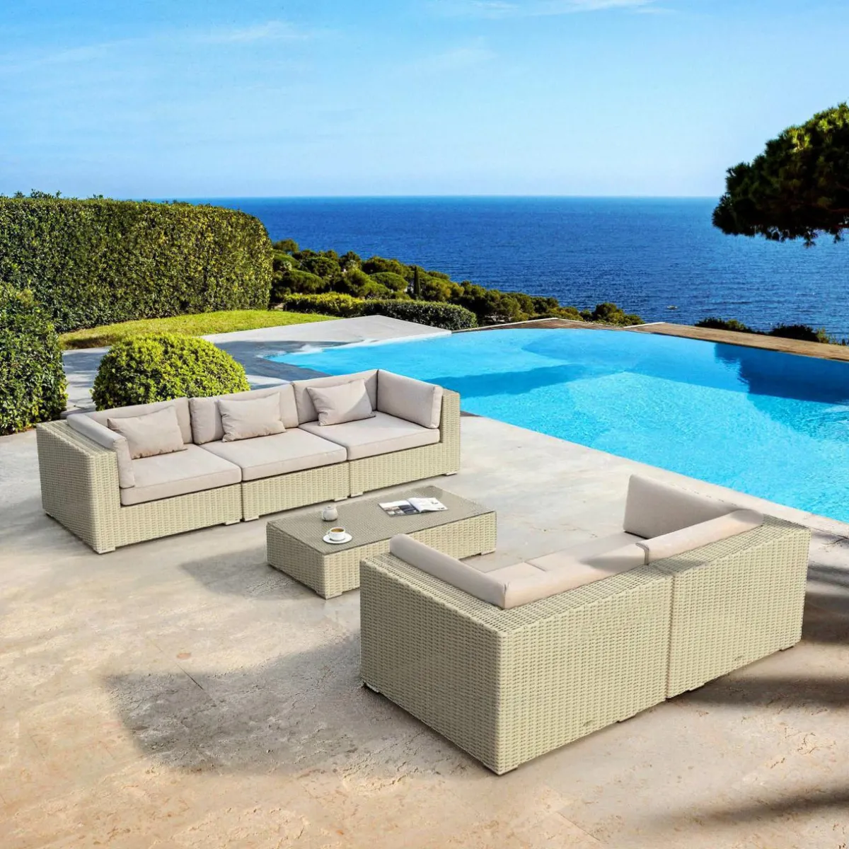 MOBELLIA Salon de jardin en résine tressée 5 places 6 pcs Palma Gris et taupe Tressé Gris - Taupe