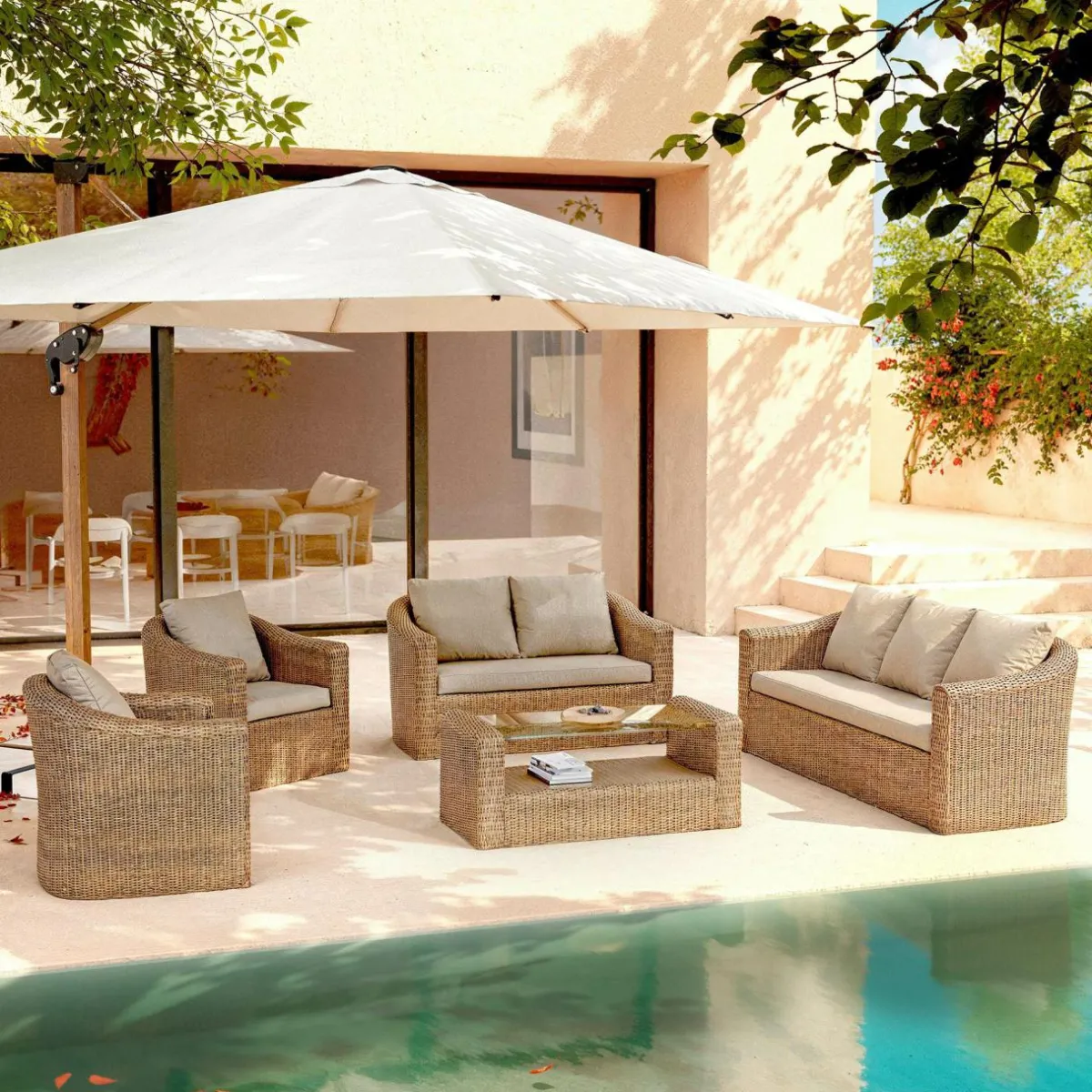 MOBELLIA Salon de jardin en résine tressée 7 places 5 pcs Calvi Sepia et taupe Tressé Sepia - Taupe Outlet