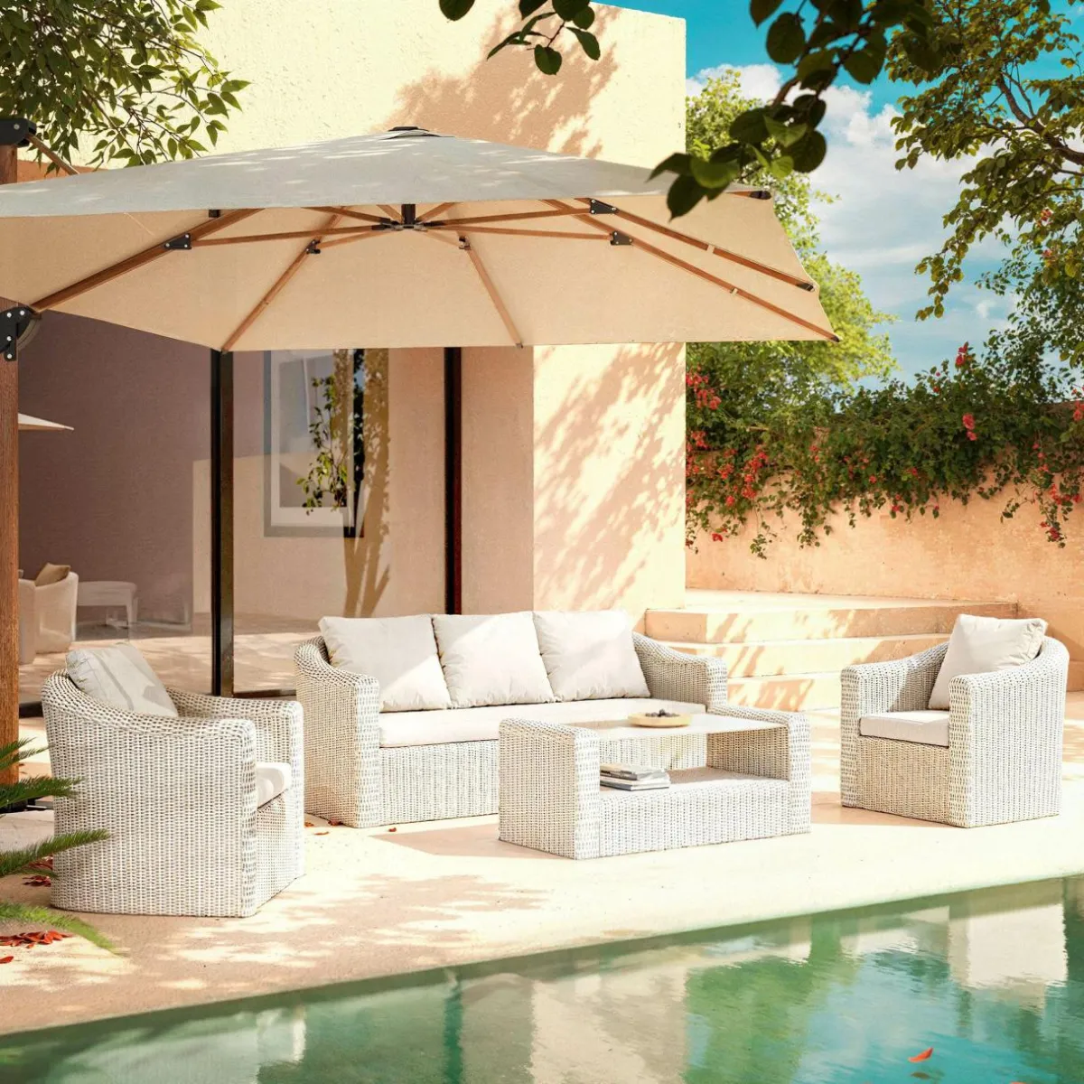 MOBELLIA Salon de jardin en résine tressée 5 places 4 pcs Calvi Blanc Tressé Blanc - Blanc Clearance