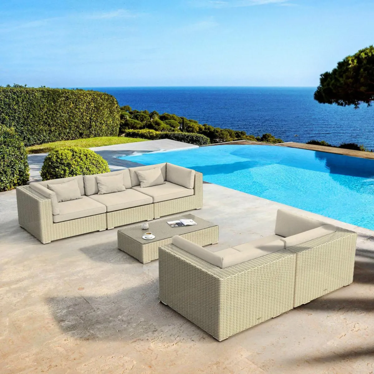 MOBELLIA Salon de jardin en résine tressée 5 places 6 pcs Palma Gris et beige Tresse Gris - Beige Discount