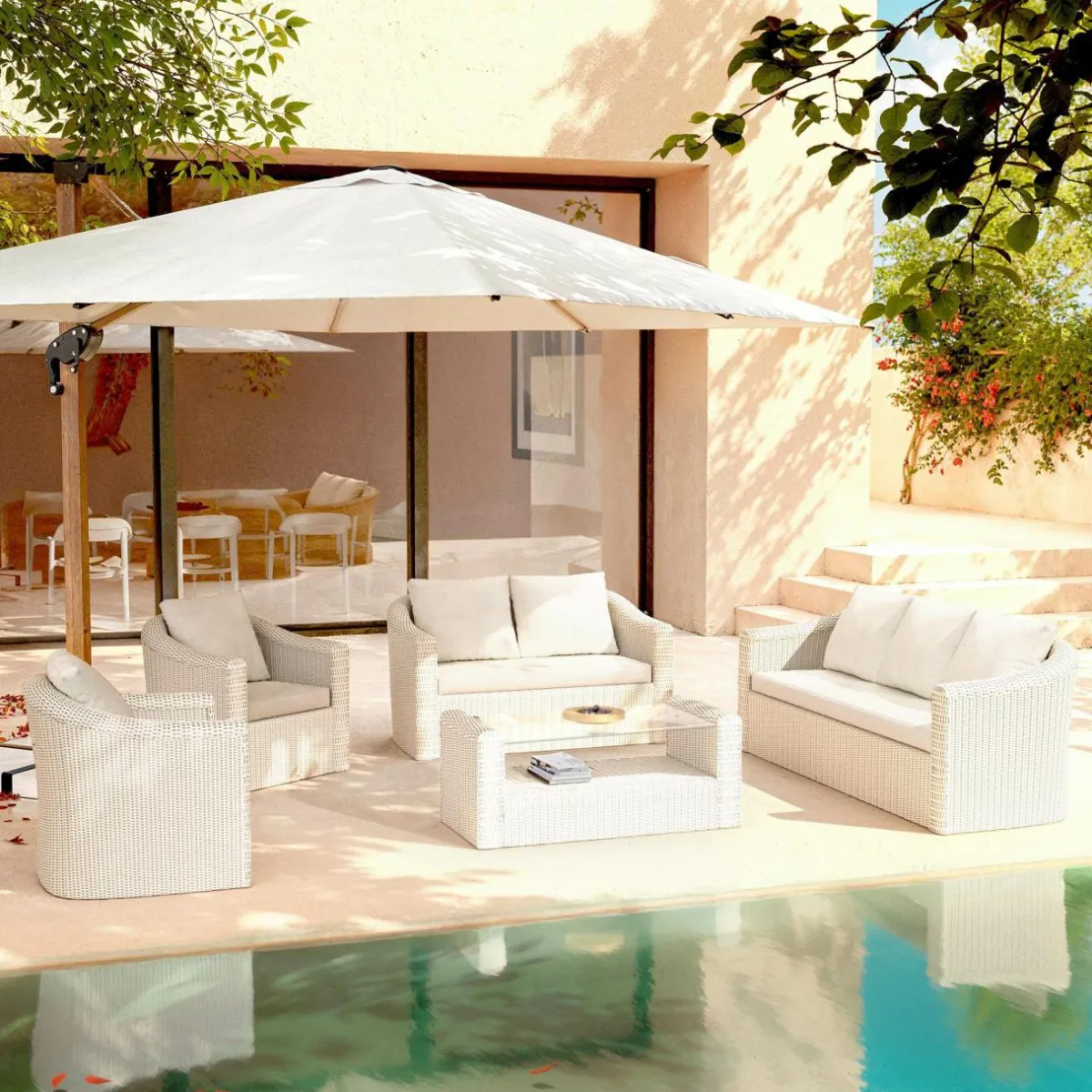 MOBELLIA Salon de jardin en résine tressée 7 places 5 pcs Calvi Blanc Tressé Blanc - Blanc New