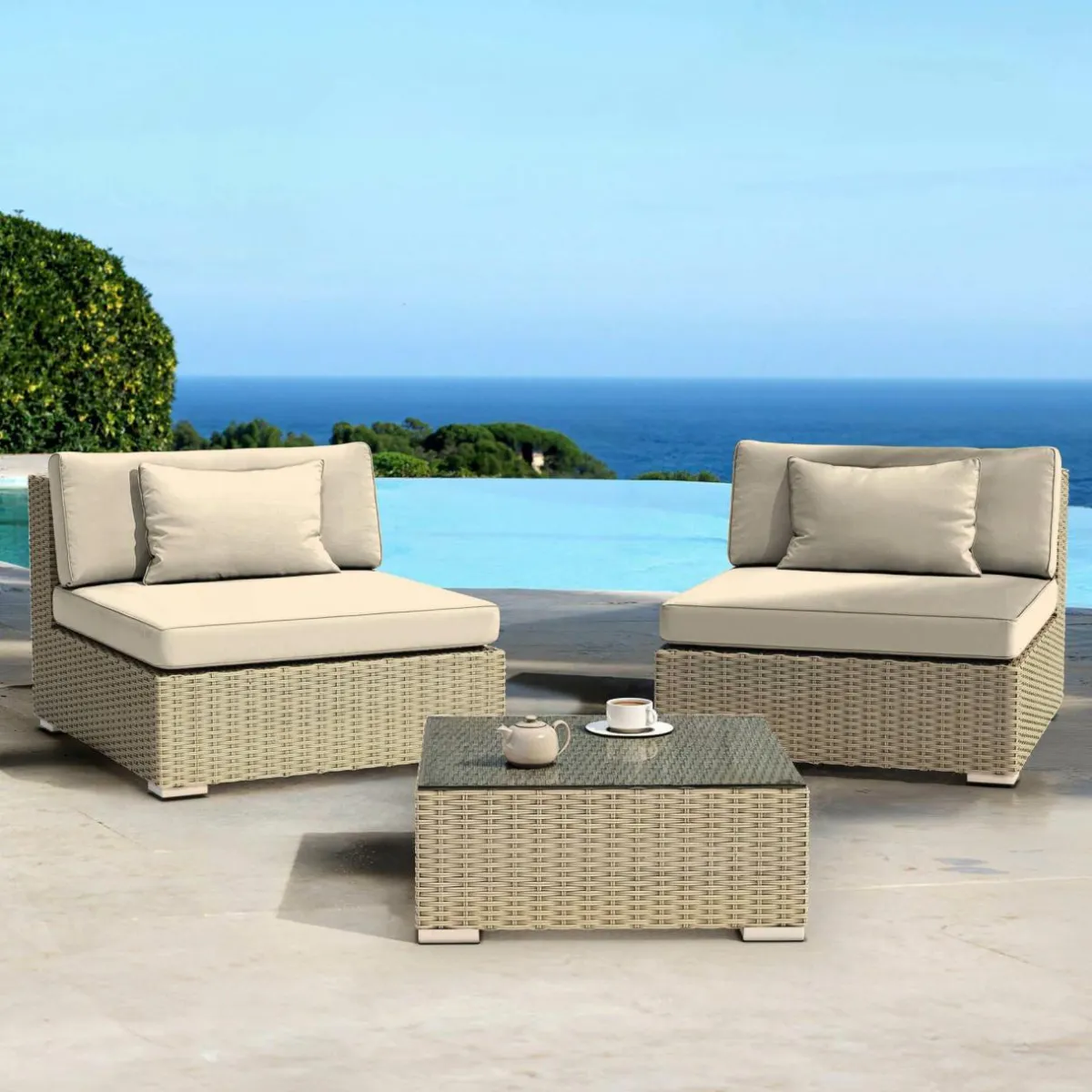 MOBELLIA Salon de jardin en résine tressée 2 places 3 pcs Palma Gris et beige Tresse Gris - Beige Hot