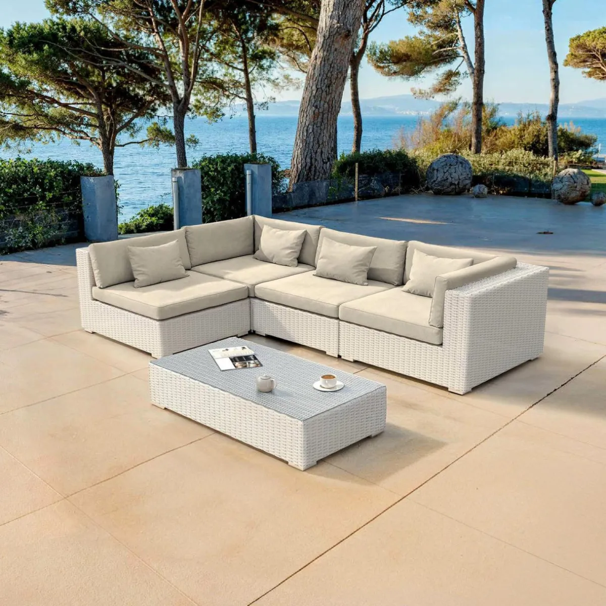 MOBELLIA Salon de jardin en résine tressée 4 places 5 pcs Palma Blanc et beige Tresse Blanc - Beige Discount