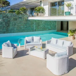 MOBELLIA Salon de jardin en résine tressée 7 places 5 pcs Calvi Blanc et gris clair Tressé Blanc - Gris clair Sale