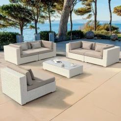 MOBELLIA Salon de jardin en résine tressée 5 places 6 pcs Palma Blanc et taupe Tressé Blanc - Taupe