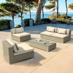 MOBELLIA Salon de jardin en résine tressée 4 places 4 pcs Palma Gris et beige Tresse Gris - Beige New
