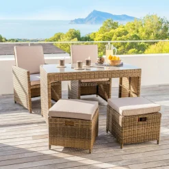 MOBELLIA Salon de jardin encastrable résine tressée 4 places Menorca et beige Sépia Online