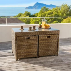MOBELLIA Salon de jardin encastrable résine tressée 4 places Menorca et beige Sépia Online