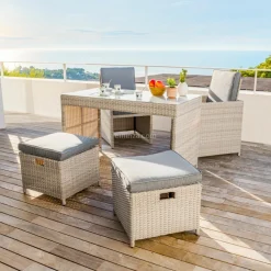 MOBELLIA Salon de jardin résine tressée encastrable 4 places Menorca Gris Discount
