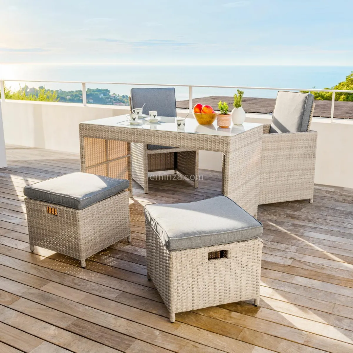 MOBELLIA Salon de jardin résine tressée encastrable 4 places Menorca Gris Discount