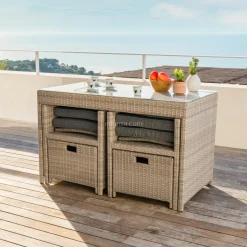 MOBELLIA Salon de jardin résine tressée encastrable 4 places Menorca Gris Discount