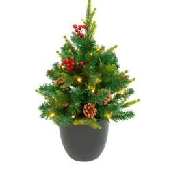 JJA Sapin artificiel de Noël lumineux (H42 cm) Baies et pomme de pin Sapin vert lumineux Hot