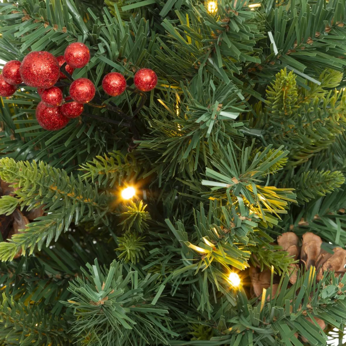 JJA Sapin artificiel de Noël lumineux (H90 cm) Baies et pomme de pin Sapin vert lumineux Sale