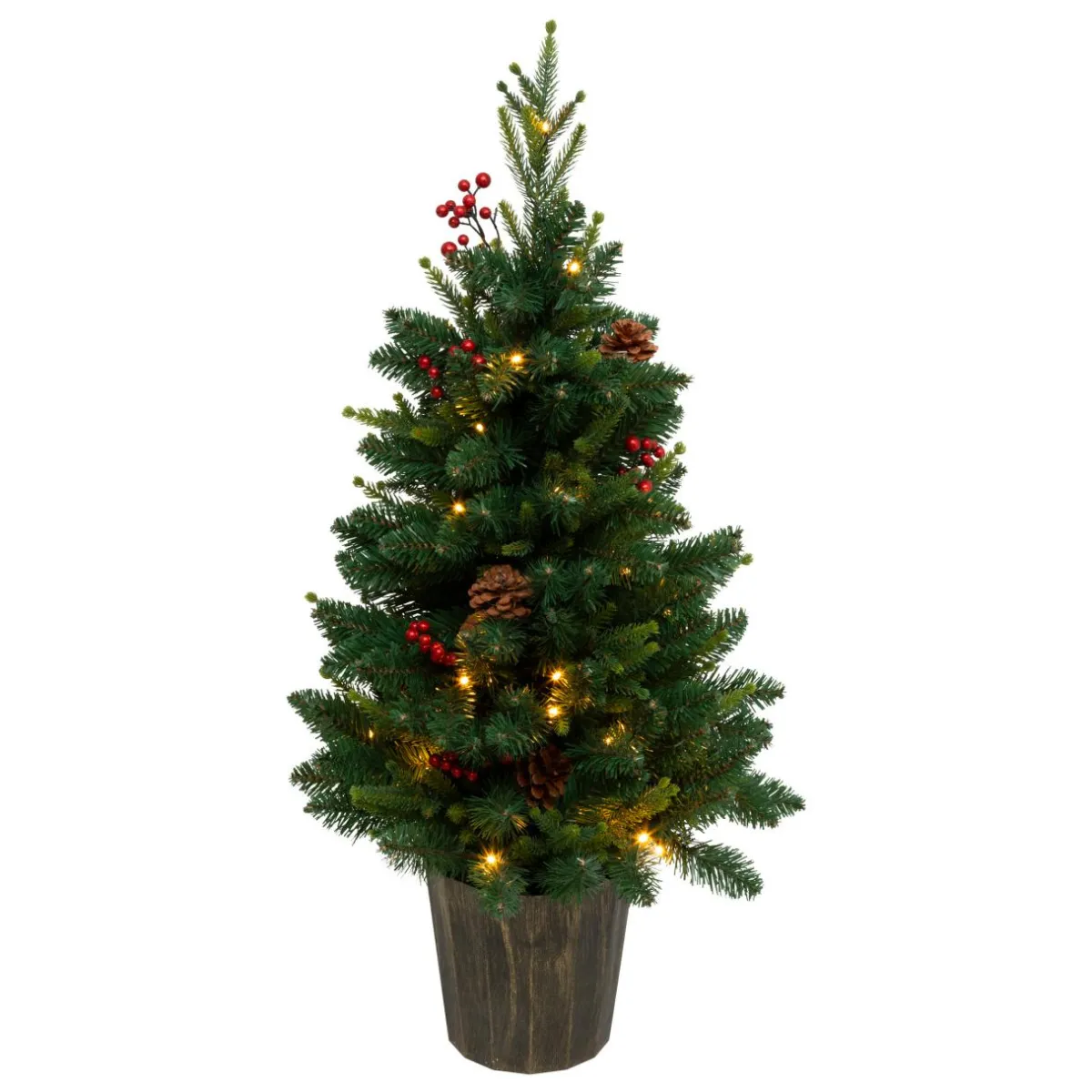 JJA Sapin artificiel de Noël lumineux (H90 cm) Baies et pomme de pin Sapin vert lumineux Sale