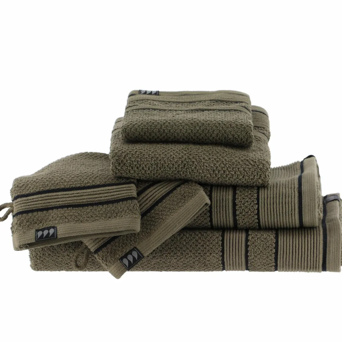 TENDANCE Serviette de bain coton (70 x 130 cm) Black Line / noir Vert kaki