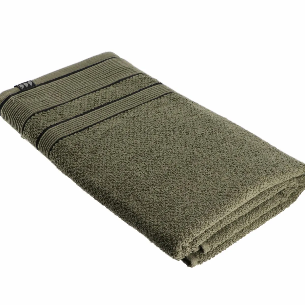 TENDANCE Serviette de bain coton (90 x 150 cm) Black Line / noir Vert kaki Discount