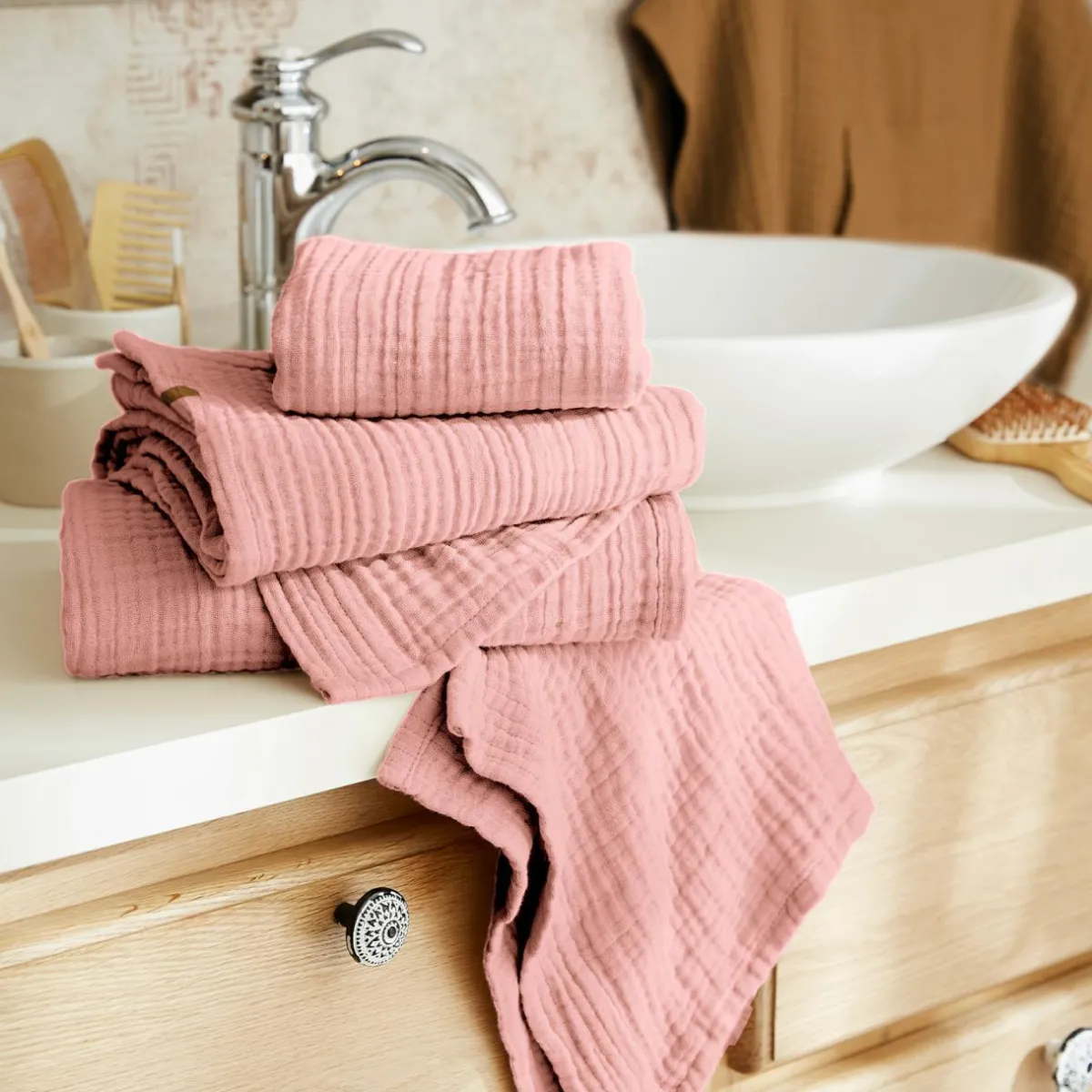 EMINZA Serviette de bain gaze de coton (30 x 50 cm) Gaïa Rose Pêche Sale