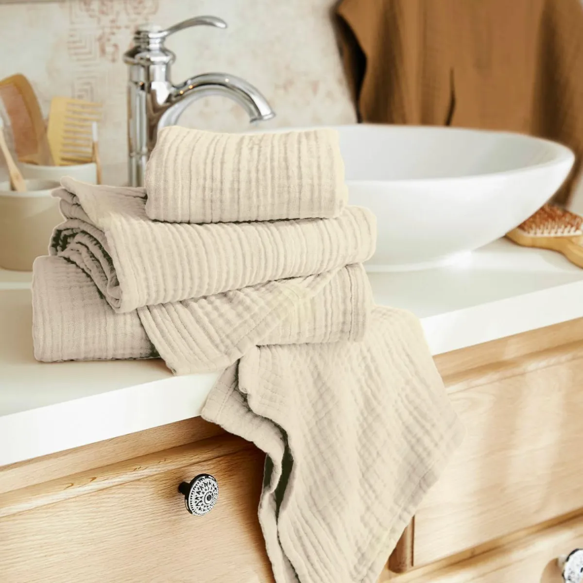 EMINZA Serviette de bain gaze de coton (90 x 150 cm) Gaïa pampa Beige Best