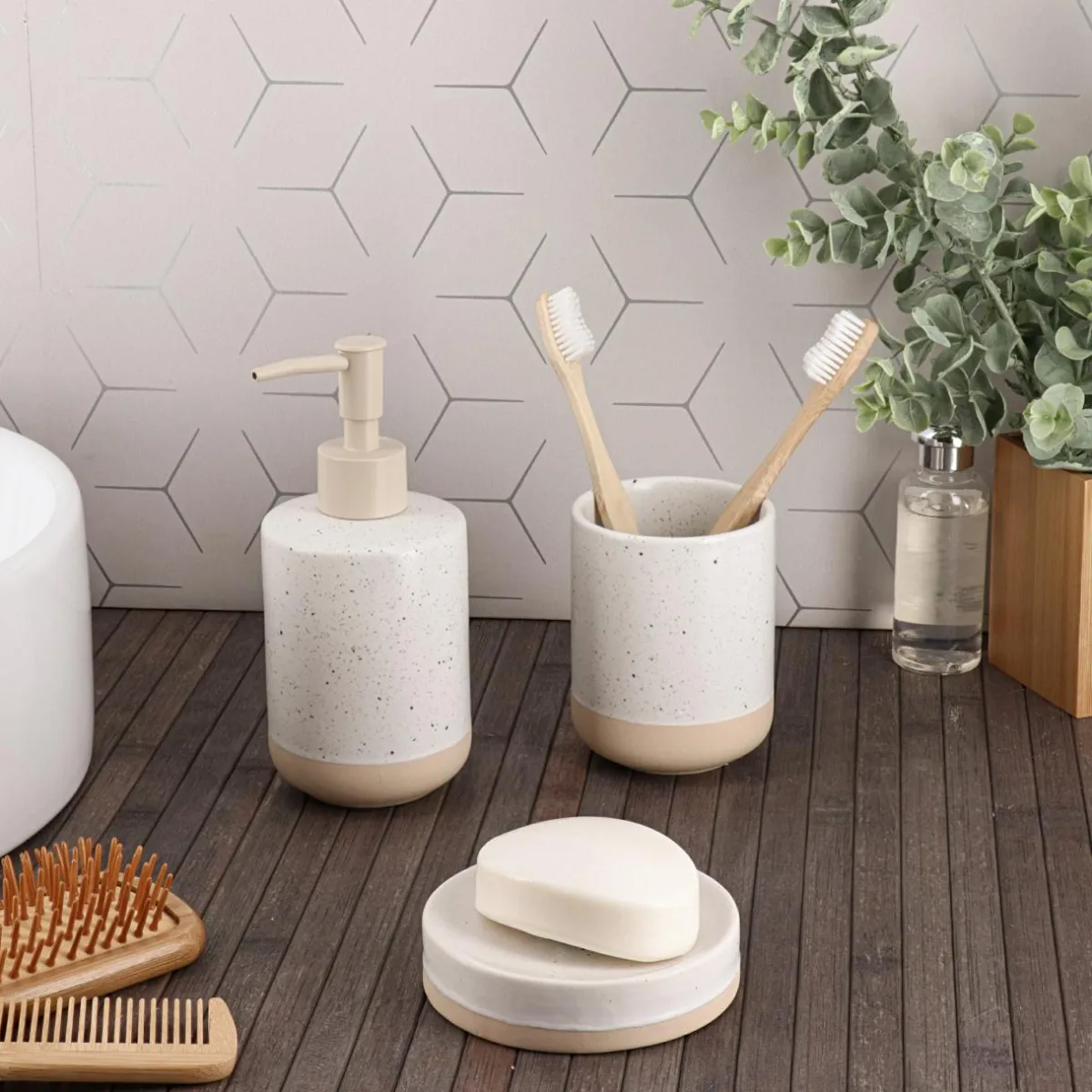 TENDANCE Set d'accessoires salle de bain grès moucheté Pietra Beige Discount