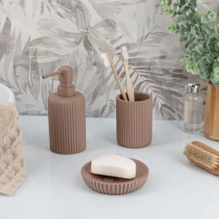 TENDANCE Set d'accessoires salle de bain résine Strié Cappuccino Marron Online